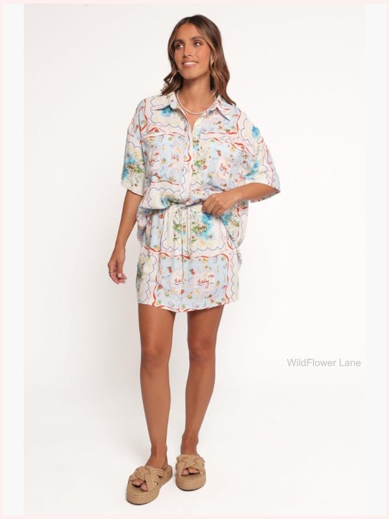 Short Sleeve V-Neck Blouse - Geometric Print Button Down Top